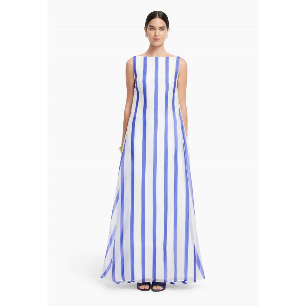 NEW LEO LIN yumei striped open back gown in navy